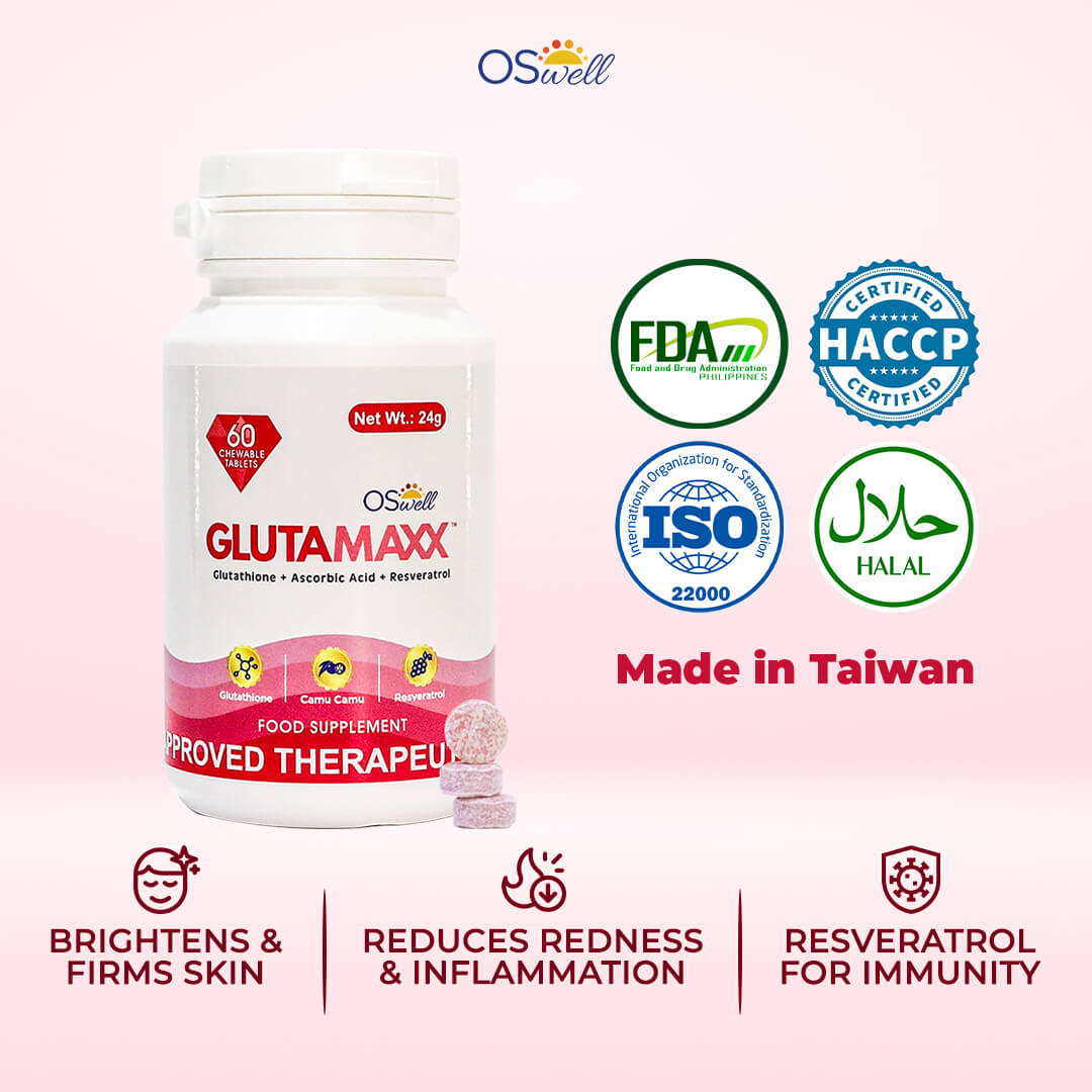 Gluta Maxx bottle highlighting benefits: detox, whitening, lychee flavor