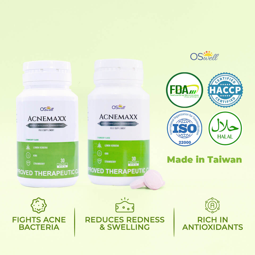 Two bottles of OSwell Acnemaxx acne supplement – oil control, breakout prevention, and skin support