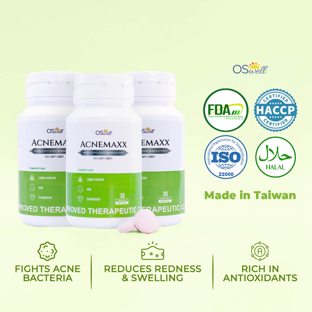3-bottle bundle of OSwell Acnemaxx – anti-acne, antioxidant-rich chewable tablets