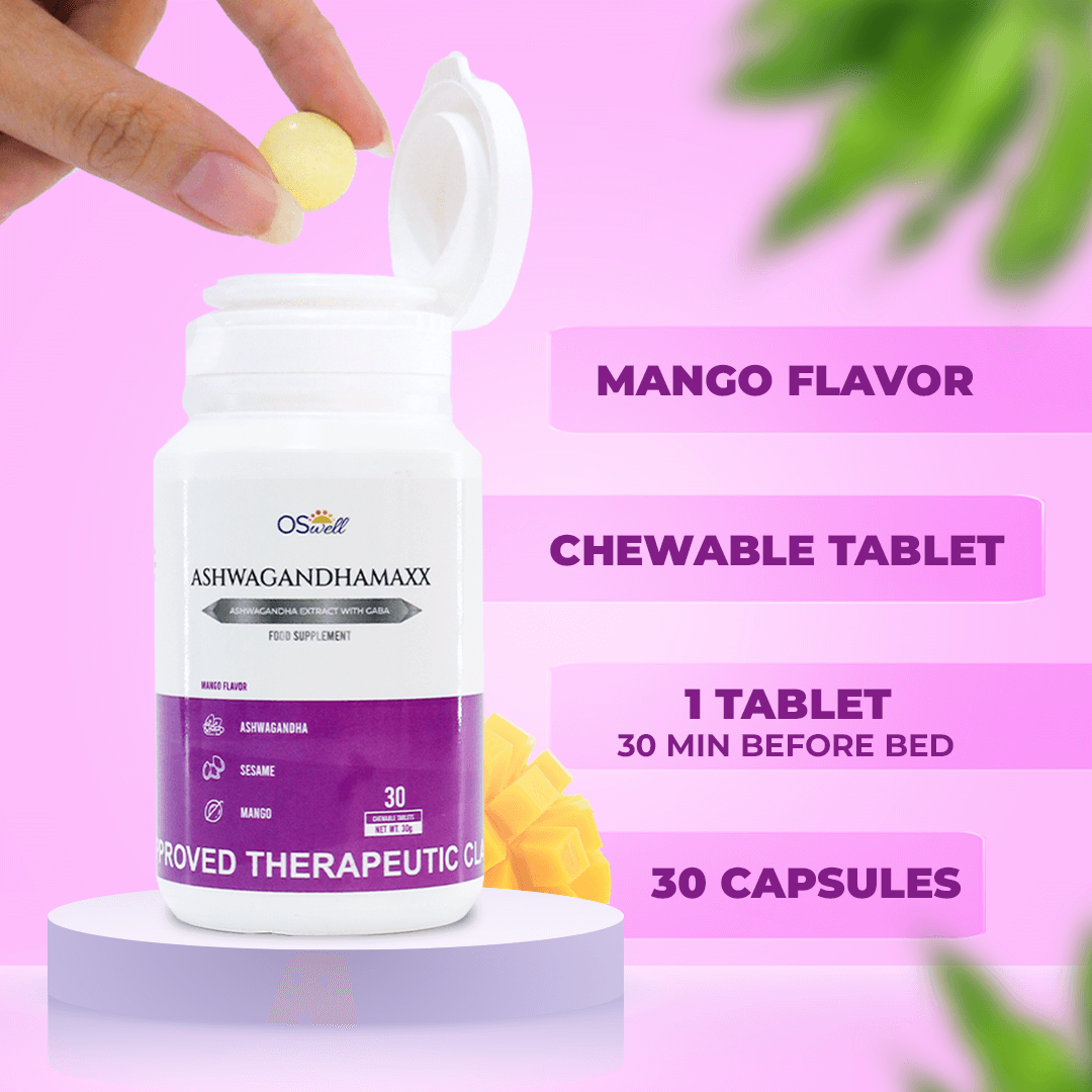 How to take OSwell AshwagandhaMaxx – 1 chewable tablet 30 minutes before bed