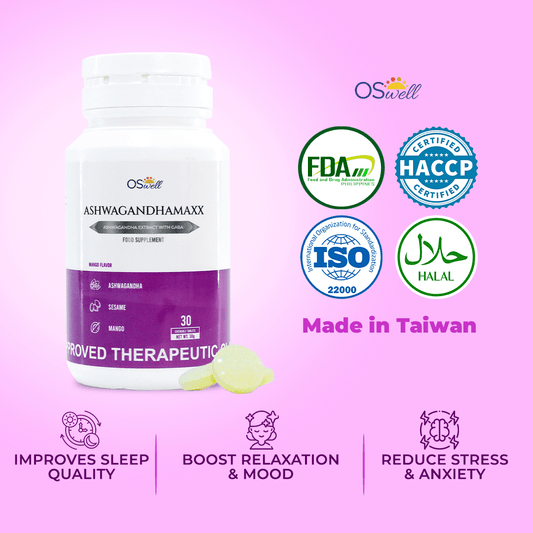 Problems like stress, anxiety, and mood swings solved by OSwell AshwagandhaMaxx supplement OSwell AshwagandhaMaxx – stress relief and sleep support supplement in mango flavor, 1 bottle