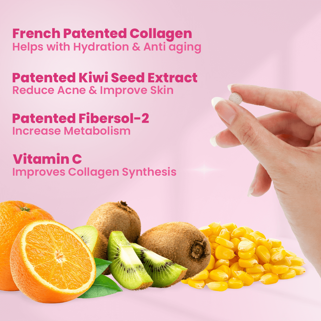 Patented collagen, kiwi seed extract, Fibersol-2, and vitamin C in Collagen Maxx