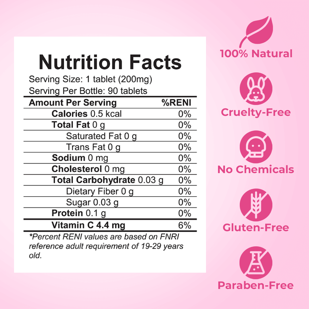 Collagen Maxx nutrition facts showing low calories and high vitamin C content